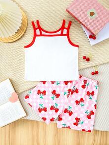 Disney 女童樱桃印花吊带背心搭配松紧腰樱桃格子短裤套装，舒适日常穿搭，适合居家穿着，夏季皆宜。 - 白色 - 查看 2