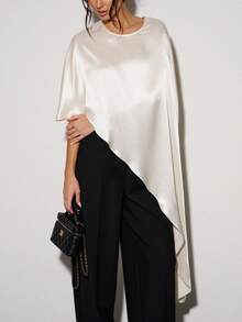 Women Asymmetrical Hem Poncho Shawl Wraps Satin Silky Round Neck Dressy Cape Top Flowy Loose Fit Cover Up Blouse - 白色 - 查看 5