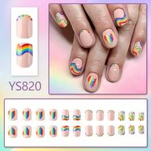 Wearable Rainbow Striped Nail Stickers, Cute And Fresh Heart-Shaped False Nails, 24 Pieces, Removable Nail Tips. - 1 - 查看 2