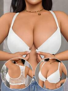 1pc Plus Size Lace Front Closure Bra, Sexy & Comfortable Plus Size Women Lingerie - White - View 2