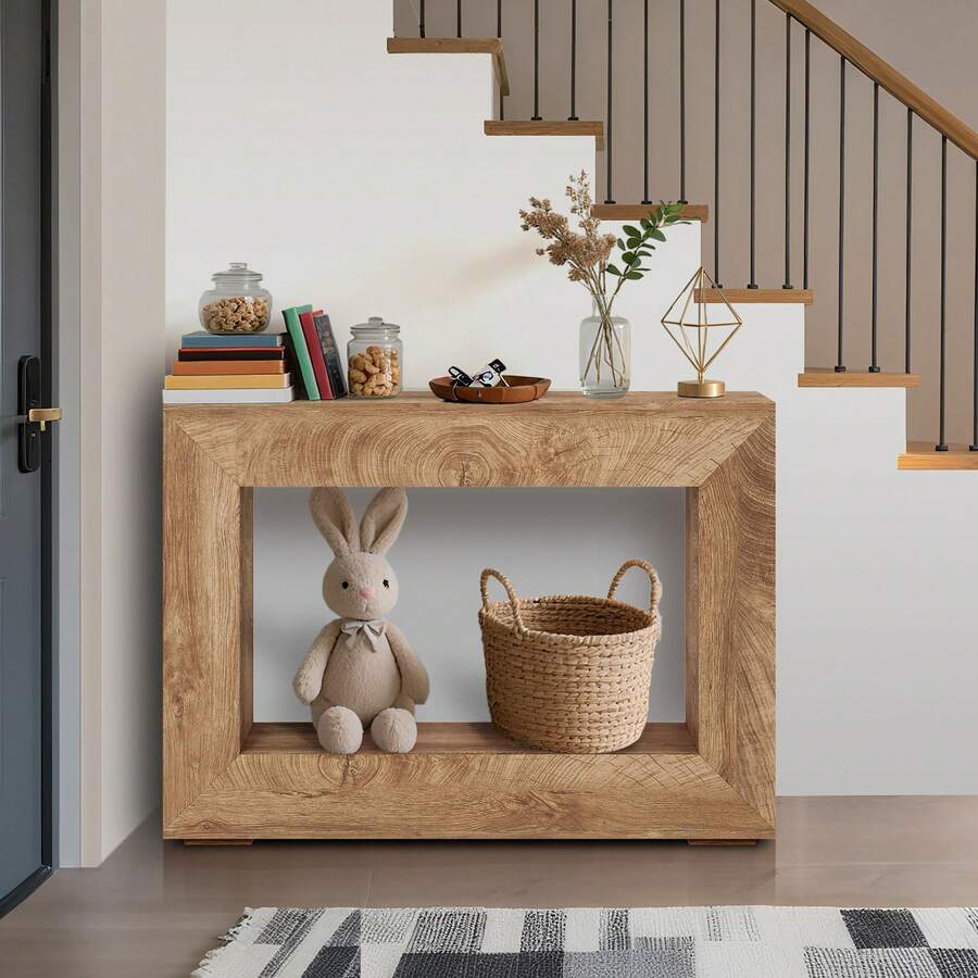 Mesa Consola de Entrada Estilo Granja (Farmhouse), Mesa Sofá Estrecha de 119.38 cm con Estante de Almacenamiento, Mesa Decorativa Industrial Moderna para Sala de Estar, Pasillo y Vestíbulo - Color de la madera - Ver 1