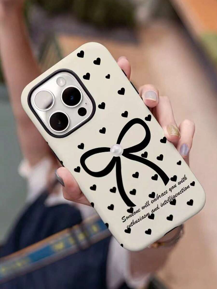 1pc New Minimalist Full-Screen Black Heart, Pearl, Bow Design Shockproof Soft Phone Case, Suitable As Gift Compatible With Apple 11/12/13/14/15/16/17/17 Air Models - Multicolor - View 1