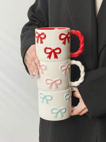 1 件创意 3D 蝴蝶结形陶瓷杯，带编织手柄，高品质咖啡/牛奶杯，可微波炉加热，送给女朋友的完美礼物，可爱的少女粉色水杯 - 彩色 - 查看 2
