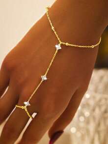 SYMFNY 1pc 925 Silver Fashion Elegant Four-Leaf Clover Cubic Zirconia Finger Hand Chain Ring Bracelet, Suitable Women's Daily, Party, Holiday Wear - Yellow Gold - View 1