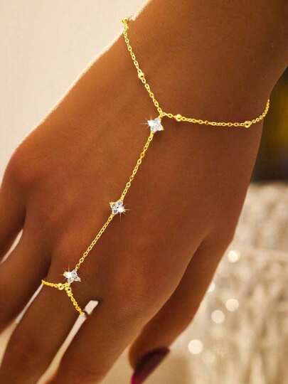 SYMFNY 1pc 925 Silver Fashion Elegant Four-Leaf Clover Cubic Zirconia Finger Hand Chain Ring Bracelet, Suitable Women's Daily, Party, Holiday Wear