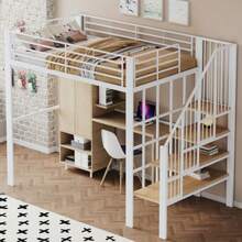 Loft Bed 140 X 200. Sturdy Metal Construction With Spacious Storage Space Under The Bed And Stairs. Ideal For Children And Adults. Storage Bed For Maximum Space Efficiency. - 白色 - 查看 4