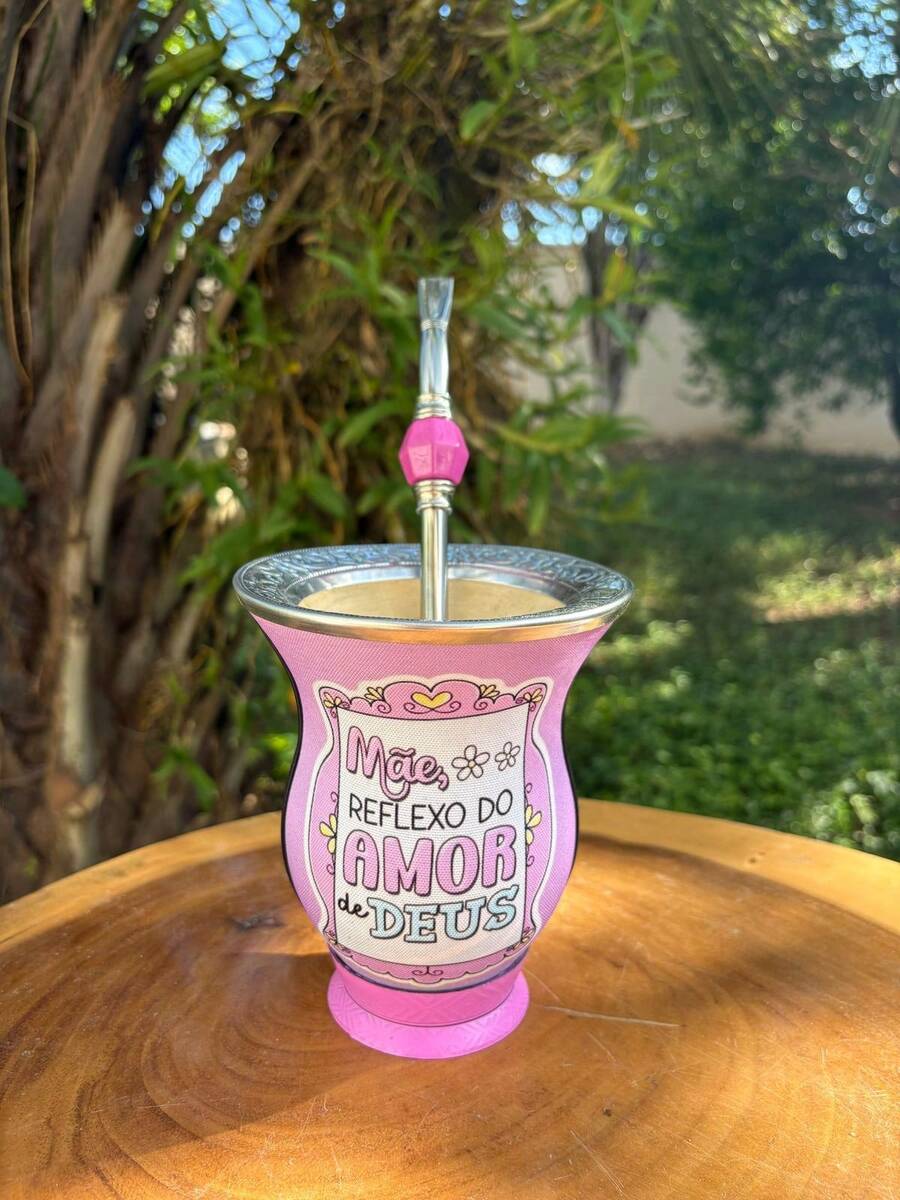 [SPECIAL MOTHER'S DAY] Chimarrão Kit: Fabric-Covered Gourd With Printed Stainless Steel Rim + Stainless Steel Stone Handle In Various Colors - Pink Rose + Pink Rose Stone - View 1