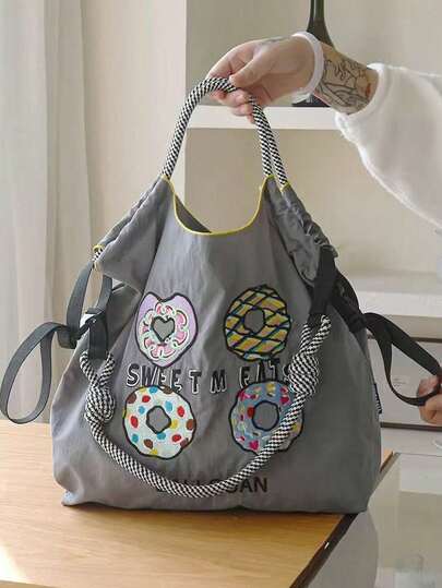 1 st. Fashionabel, mångsidig, broderad, tecknad mönster, lättviktig nylonväska, vikbar pendlingsväska