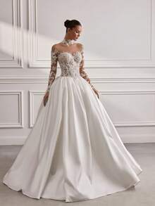 Lavish High Neck Illusion Lace Long Sleeve 3D Floral Beaded Satin Ballgown Wedding Gown, Wedding Dresses For Bride, Elegant And Comfortable, Includes Plus Sizes, Bridal Gown, Formal Dresses For Women, Suitable For Wedding, Party, Vacation, Bride, Formal Occasions, Dinner Dress, Prom Dress, After-Party Dress, Homecoming Dress, Cocktail Party, Birthday Party, Celebration, Gala, Festival, Ceremony, White - trắng - Xem 1