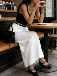 女士优雅休闲白色高腰长裙，垂坠面料，适合夏季办公及日常穿着 - 白色 - 查看 8