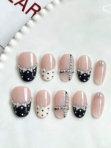Set de 10 piezas de puntas de uñas ovaladas cortas hechas a mano, diseño de lunares blanco y negro francés con lazo y cristales, estilo dulce y lindo, accesorios de uñas postizas desmontables brillantes - Multicolor - Ver 1