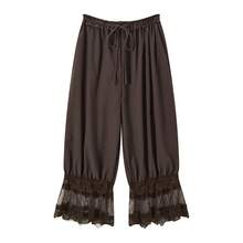 Women Lace Trim Long Bloomers Elastic Mid Rise Ruffle Pantaloons Cropped Flared Slips Pants Loungewear Summer Pettipants Capri Bottoms - màu nâu - Xem 3