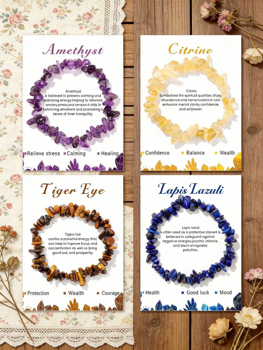 1条5-8毫米天然碎石手链（青少年尺寸），提升灵性和智慧，疗愈石饰品（赤铁矿、紫水晶、粉晶等），手工时尚饰品礼品（男女皆宜） - 彩色 - 查看 1