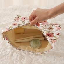 Large Capacity Corduroy Women's Cosmetic Bag, Travel Essential Zipper Toiletry Pouch, Pink Floral Print, Large Storage Bag, Suitable For Gifting - Apricot - View 4