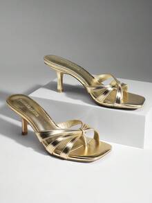 Women Crisscross Strap Kitten Heeled Sandals Fashionable Casual Slip-On High Heel Mules Comfortable Party Wedding Dress Shoes - 金色 - 查看 1