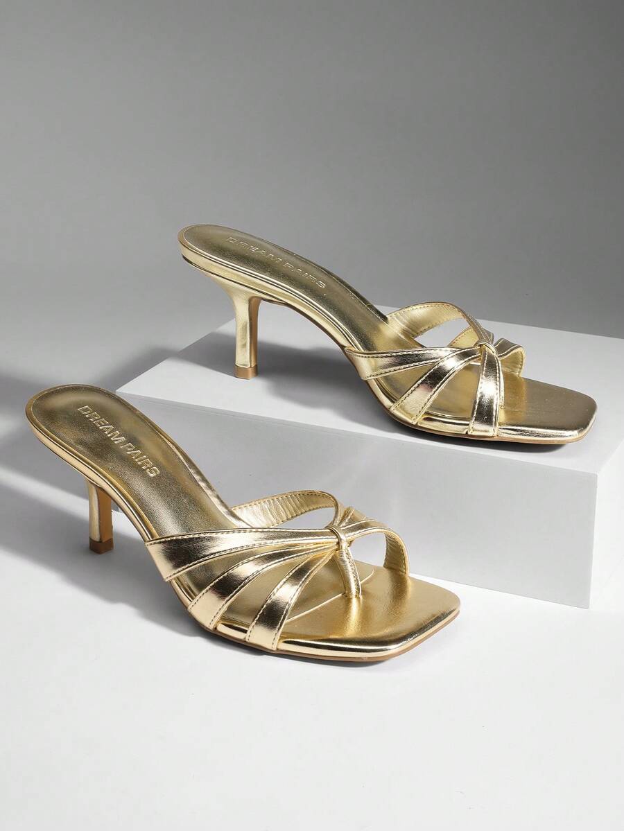 Women Crisscross Strap Kitten Heeled Sandals Fashionable Casual Slip-On High Heel Mules Comfortable Party Wedding Dress Shoes - 金色 - 查看 1