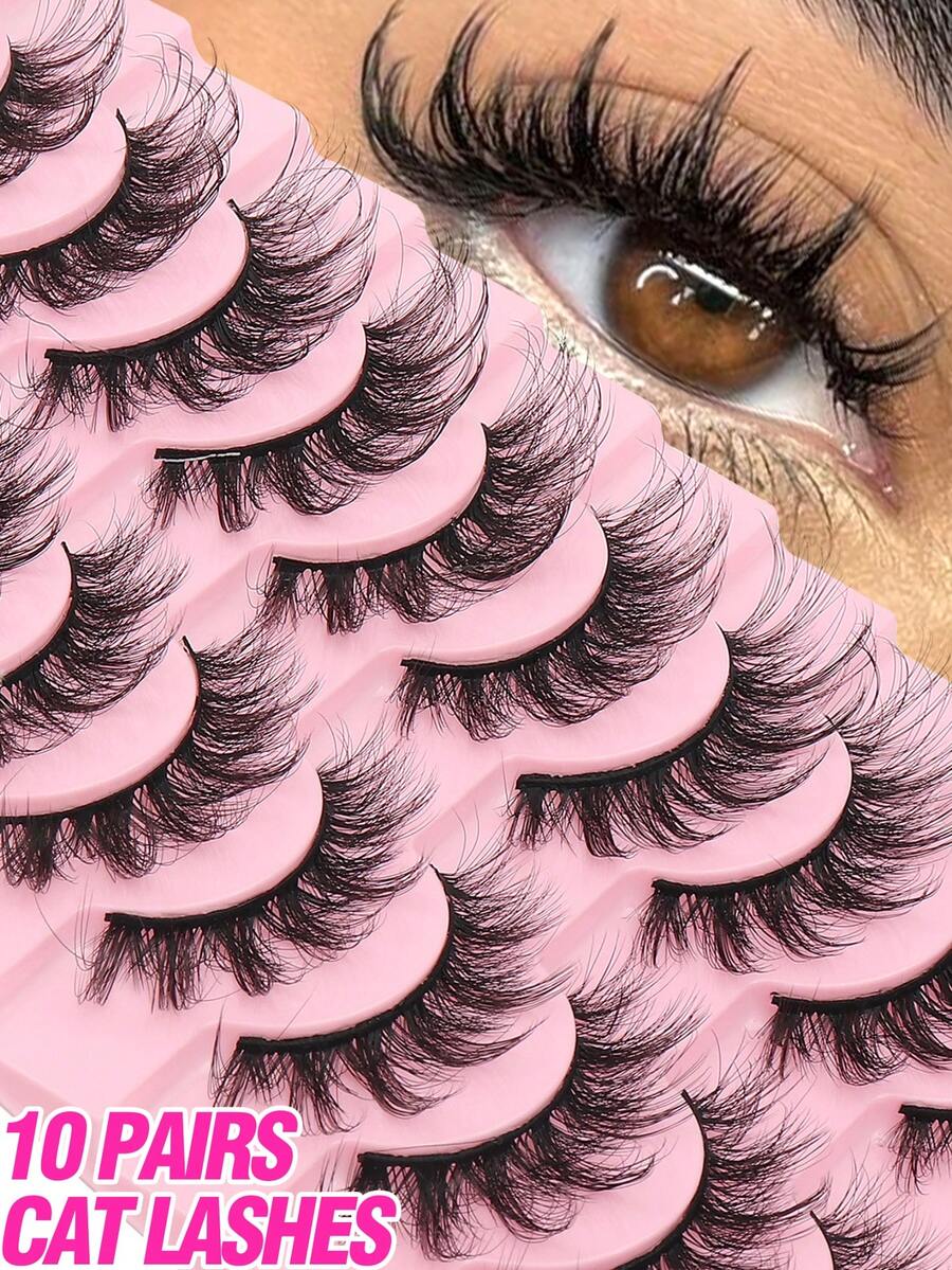 10 Pairs Fluffy 3D Faux Mink Eyelashes, Soft & Full Cat Eye Style Look Like Real Lashes Extended, Natural Look 3D Fluffy Cat Eye Lashes, Faux Mink Full Strip Lashes, Suitable For Any Casual Occasion Strip Lashes,Lashes,Eyelashes,Fake Lashes - 眼尾拉長款 - 查看 1