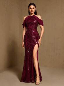 Đầm maxi hở lưng đính sequin họa tiết hoa, xẻ tà cao, thanh lịch và gợi cảm, thích hợp cho tiệc tối, tiệc cưới, dạ hội, tiệc chiêu đãi và các dịp khác. - Màu Đỏ Sâu - Xem 4