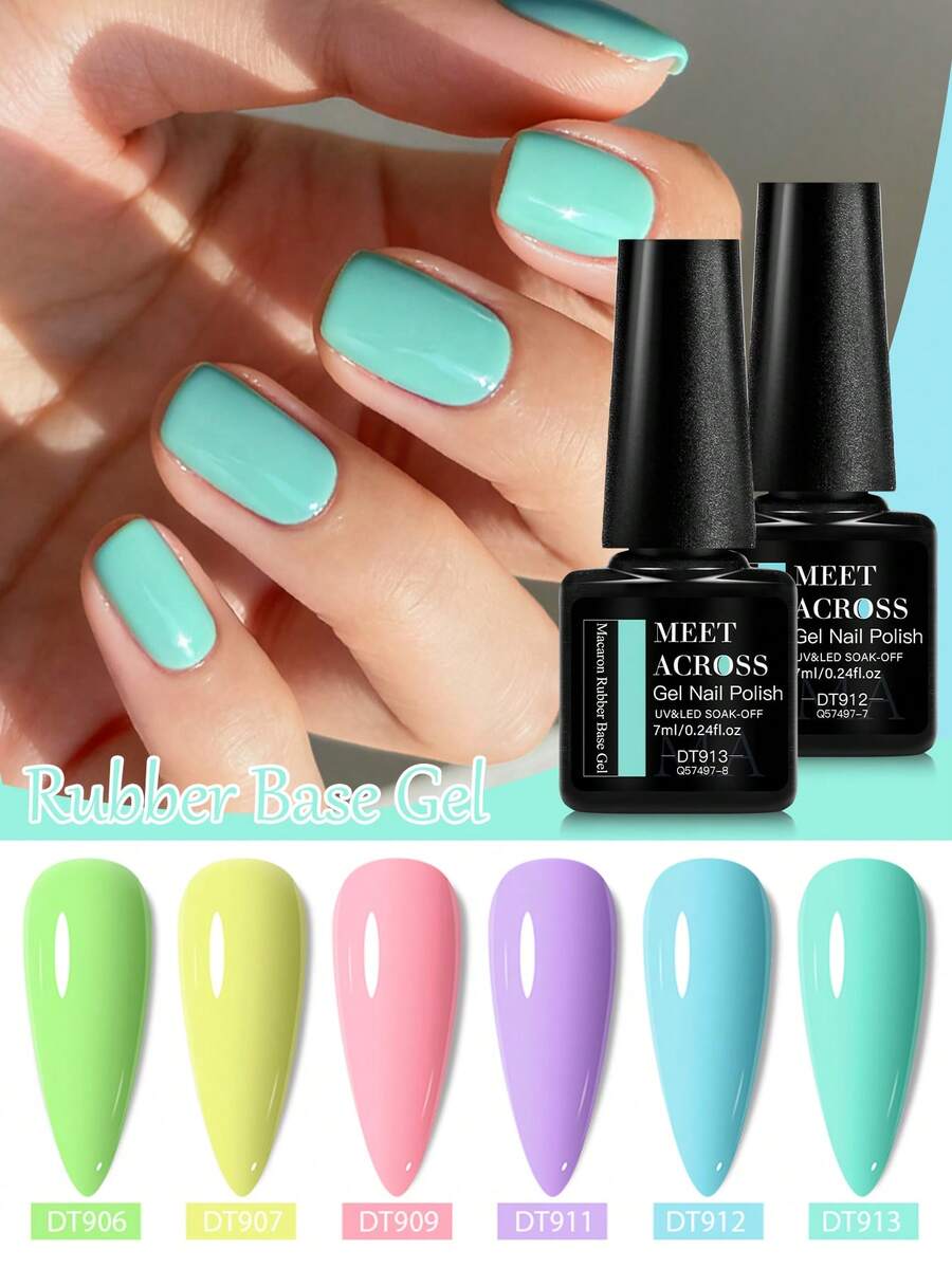 MEET ACROSS 6支装7毫升马卡龙色橡胶底胶指甲油套装，粉蓝迷彩指甲油UV固化胶，半永久可卸UV LED美甲美甲设计美甲用品，适用于家庭和美甲沙龙 - 彩色 - 查看 1