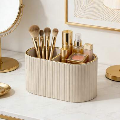 Makeup Brush Holder/PU Leather Cosmetic Display Box/Retro Striped Makeup Brush Rack - Suitable For Vanity Decoration, Bathroom Countertop, Desk Storage Cosmetic Display Box (Cream) , Makeup Room Decor,Makeup Bag,Travel Essential