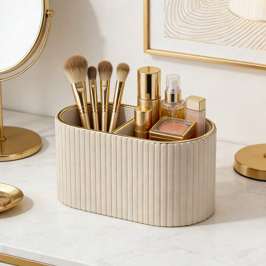 Hộp đựng cọ trang điểm/Hộp trưng bày mỹ phẩm bằng da PU/Giá đựng cọ trang điểm kẻ sọc cổ điển - Thích hợp để trang trí bàn trang điểm, mặt bàn phòng tắm, hộp trưng bày mỹ phẩm trên bàn làm việc (màu kem), trang trí phòng trang điểm. - Nhiều màu - Xem 1