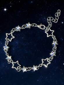 1条多层金属星星、太阳、月亮手工链条珍珠手链，适合女士日常佩戴 - 鏤空鋯石星星銀色 - 查看 12