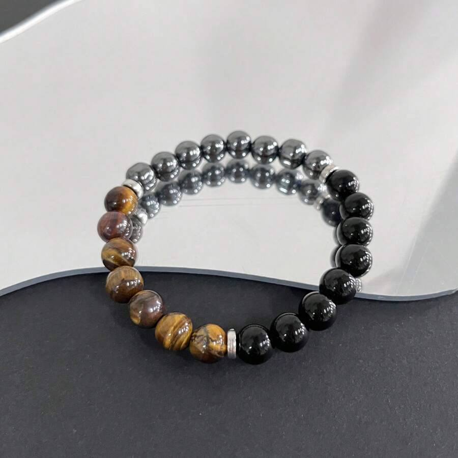 1pc Natural Stone Tiger Eye Bracelet - Coffee Brown - View 1