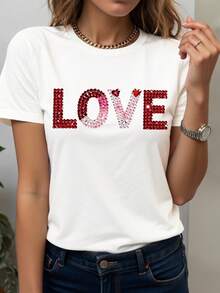 قميص تي شيرت عيد الحب - قميص تي شيرت وردي مزين بترتر شبيه بالألماس - أبيض - مشاهدة 1