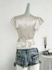 New French Style Solid Color Elegant Minimalist Women Blouse, Tie-Neck, Simplicity, Buttons, Open Front, Work Office Wear, Spring/Summer - Apricot - View 2