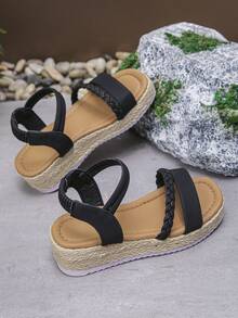 1 Pair Teenage Girls' Black Thick Sole Sandals, Summer Comfortable Lightweight Children's Sandals With Woven Rope, Fashionable Girls' Summer Sandals Suitable For School And Daily Wear - Black - View 5