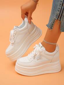 女士厚底运动鞋，纯色户外休闲系带鞋，时尚百搭白色户外增高鞋 - 白色 - 查看 2