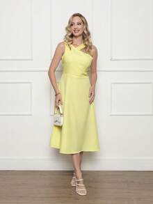 ALETHEIA - ELEGANT WOMEN'S MIDI DRESS IN LELIS, WRAP NECKLINE, FLARED SKIRT, LIGHT DRAPE - WOMEN'S SUMMER DRESSES - Màu vàng - Xem 1