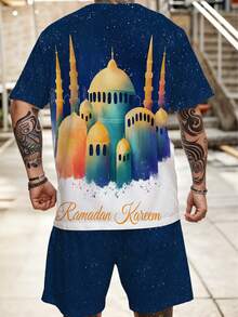 Bộ áo thun nam cỡ lớn in chữ Blessing Print, kèm quần short và áo tay ngắn in hình tháp giáo đường Hồi giáo hoạt hình ngộ nghĩnh, bộ đồ hè cỡ lớn 2 món. - Nhiều màu - Xem 5
