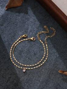 Set de 2 accesorios de pulsera de lujo con diseño de varios niveles, colgante con forma de corazón de cobre y circonita, para hombres con estilo minimalista y de moda, regalo - Dorado - Ver 2