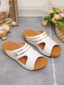 Plus Size 36-45 Summer Fashion Casual Simple Brown Wedge Sandals, Daily & Outdoor White Crocodile Pattern Roman Open Toe Lightweight Comfortable Versatile Women Wedge Platform Sandals - White Crocodile Pattern - View 6