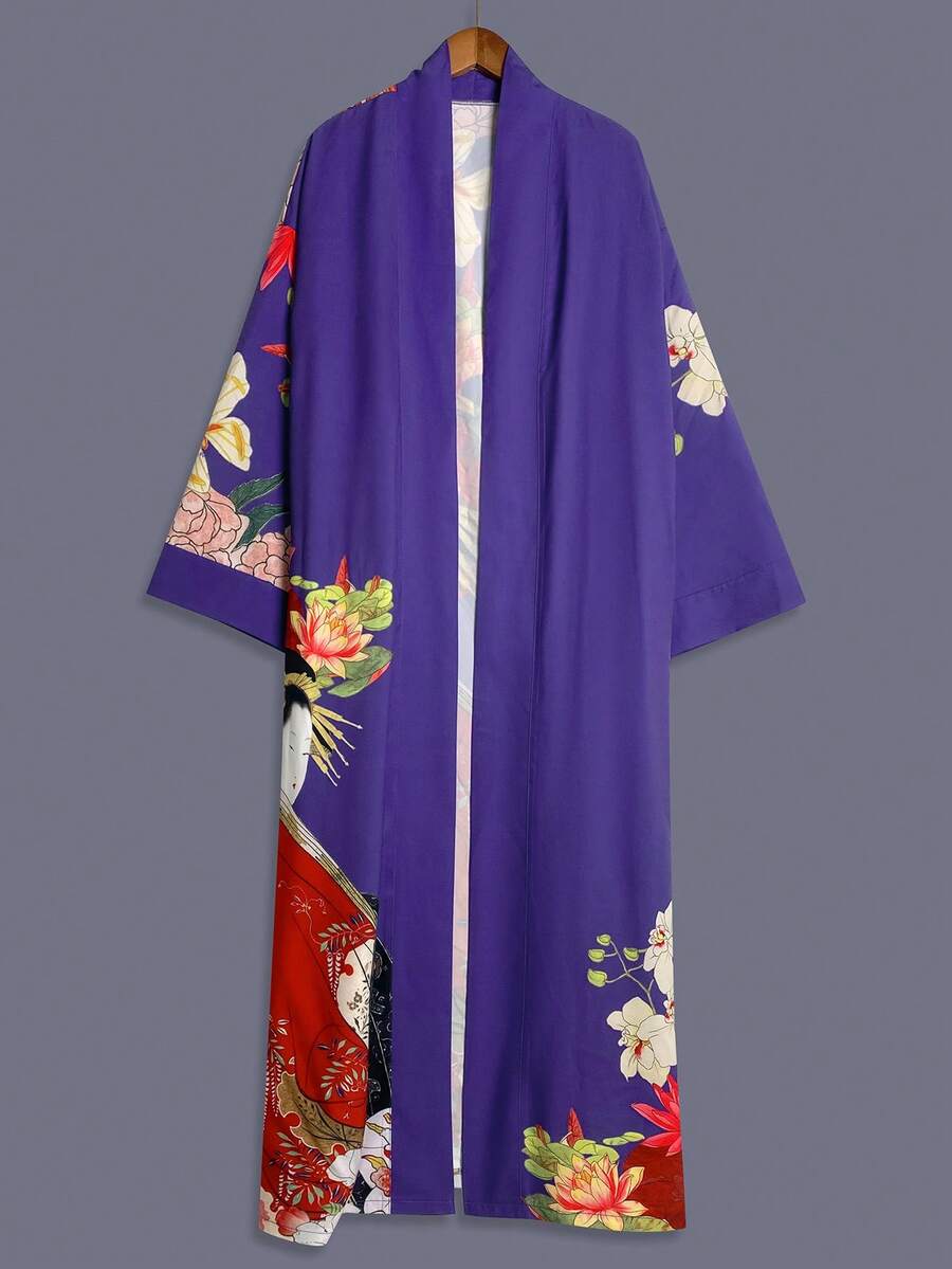 印花中长款七分袖和服式罩衫薄外套，优雅休闲宽松女式外套，适合海滩、旅行、度假、作为睡袍或浴袍穿着，配有腰带，春季款 - 紫色 - 查看 1