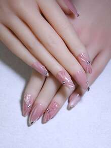 10片装奢华粉色猫眼手工美甲贴纸 - 金色闪粉和水钻装饰法式假指甲 | 可重复使用的沙龙级美甲套装（女士款） - 粉色 - 查看 5