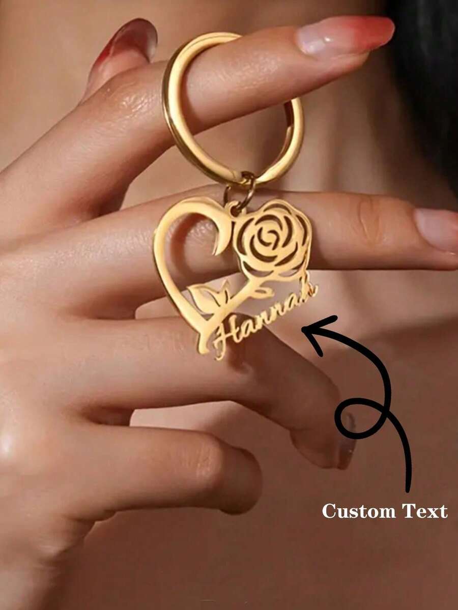 Customized Heart-Shaped Rose Letter Stainless Steel Keychain, Fashion Backpack Pendant, Car Key Chain, Daily Gift, Anniversary Gift, Valentine's Day Gift - Style 4 - View 1