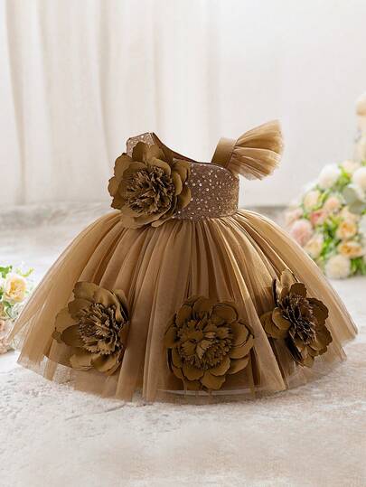 女婴无袖亮片3D立体花朵网纱可爱公主裙，适合花童、婚礼、派对、外出等场合，不含头饰