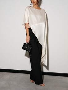 Women Asymmetrical Hem Poncho Shawl Wraps Satin Silky Round Neck Dressy Cape Top Flowy Loose Fit Cover Up Blouse - 白色 - 查看 4