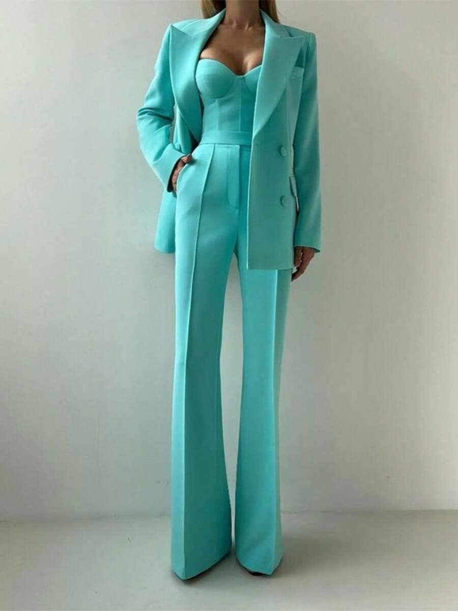 Women's Suit Suit Simple Solid Color Elegant Temperament Fashion Casual Urban Commuter Suit Set Sexy Suspender Bra Loose Drape Pants Long Sleeve Lapel Button Coat Business Etiquette Clothing Three-Piece Set - 綠色 - 查看 1