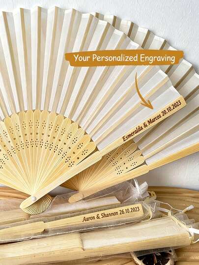Personalized Silk Wedding Hand Fan, Customized Hand Fan, White Letter Engraved Folding Fan, Wholesale Personalized Wedding Bride Party Favors Special Event Fan For Summer Wedding, Rustic Chic, Retro, Suitable For Men And Women, Customized Wedding Accessories, Comfortable And Easy To Use, Nature-Inspired Color Tones