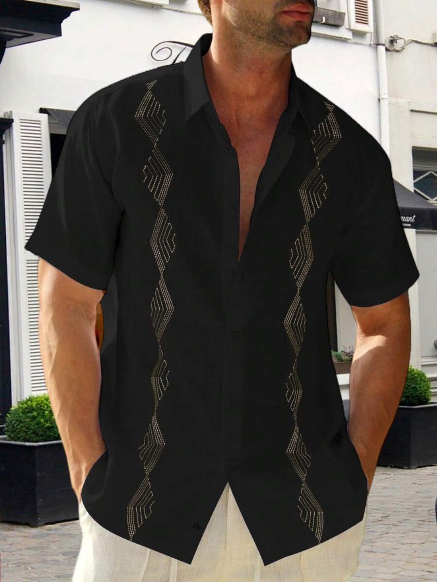 Runcati Men's Cuban Guayabera Shirt Linen Cotton Short Sleeve Mexican Beach Wedding Shirt, Elegant Resort Button Down Top Lightweight Breathable For Summer - 黑色 - 查看 1