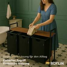 Roxlin Wäschekorb mit 3 Fächern – Wäschesammler mit Deckel & Ablage – Wäsche Sortierer aus Metall – Schmutzwäsche Organizer für Bad, Schlafzimmer, Waschküche - Schwarz - Übersicht 8
