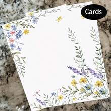 25/50 Pcs Green Floral Blank Note Cards - Elegant Floral Design With Lavender, Roses & Sunflowers, Perfect For Wedding, Office, DIY, Thank You & Greeting Cards, Office Stationery | Floral Pattern | Decorative Note Cards, Note Cards For Wedding - Multicolor - View 1