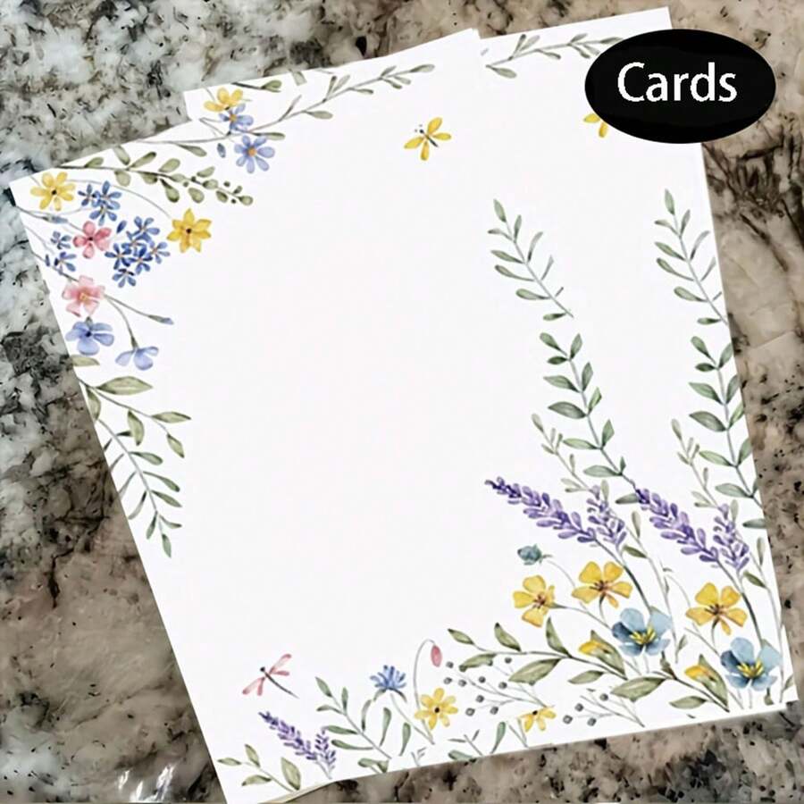 25/50 Pcs Green Floral Blank Note Cards - Elegant Floral Design With Lavender, Roses & Sunflowers, Perfect For Wedding, Office, DIY, Thank You & Greeting Cards, Office Stationery | Floral Pattern | Decorative Note Cards, Note Cards For Wedding - Multicolor - View 1