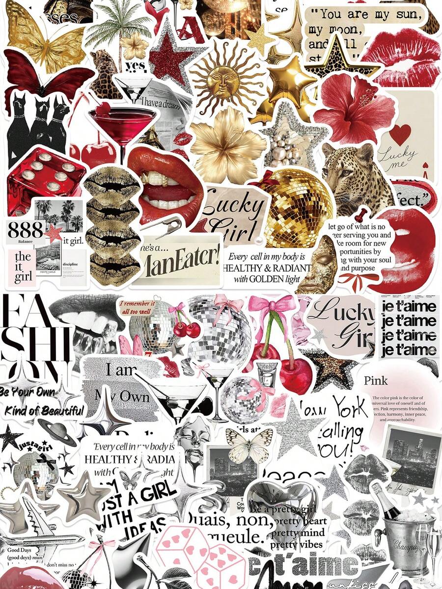 50Pcs Silver Lucky Girl Graffiti Stickers Gold&Red Y2k Stickers Lucky DIY Stickers Scrapbooking Phone Luggage Skateboard Waterproof PVC Decals - Multicolor - View 1
