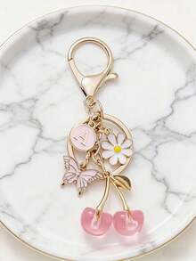 1pc Pink Cherry Blossom & Butterfly Keychain With A-Z Alphabet Letters, Flower & Butterfly Charms, Round Ring Clasp For Women's Bag/Purse/Car Keys - Birthday/Christmas/Anniversary Gift (Ized Initial Key Ring) - Multicolor - View 6