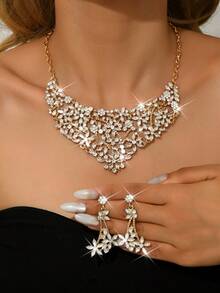 3件套奢华婚礼派对女士礼服水钻装饰珠宝时尚闪亮项链耳环套装，舞会礼服珠宝配饰 - 金色 - 查看 2