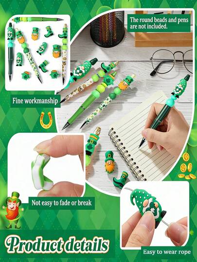 1pack/20pcs St. Patrick's Day Beadable Pens Set, St. Patrick's Day Silicone Beads, Green Leprechaun Clover Silicone Beads, Lucky Pot Of Gold Shamrock Gnome Green Boots Loose Beads For DIY Personalized Ballpoint Pens, Lucky Shamrock Stationery Gift For Students Teachers For Keychain Lanyard Jewelry Making Supplies